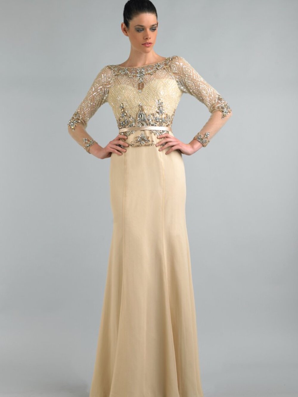 D6163L Sequined Champagne Column Gown - Champagne Gold